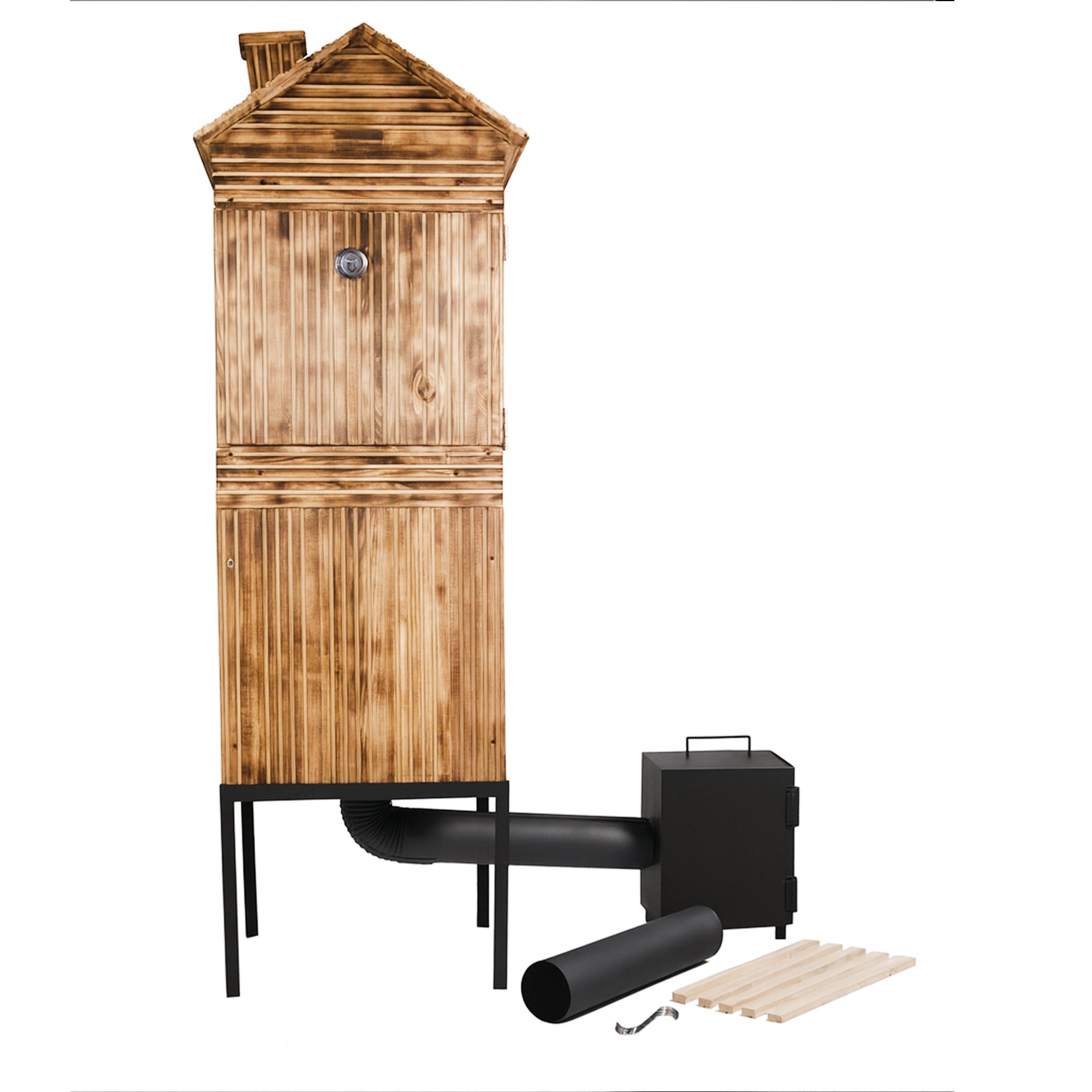 Large wood-fired wooden garden smoker for home use.