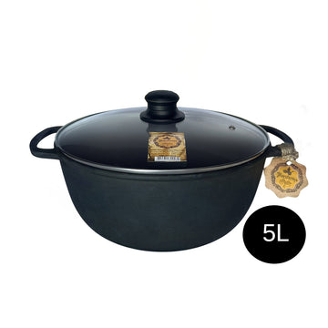 Kociołek Żeliwny Stojący Garnek 5L na Ognisko Grill ze Szklaną Pokrywką