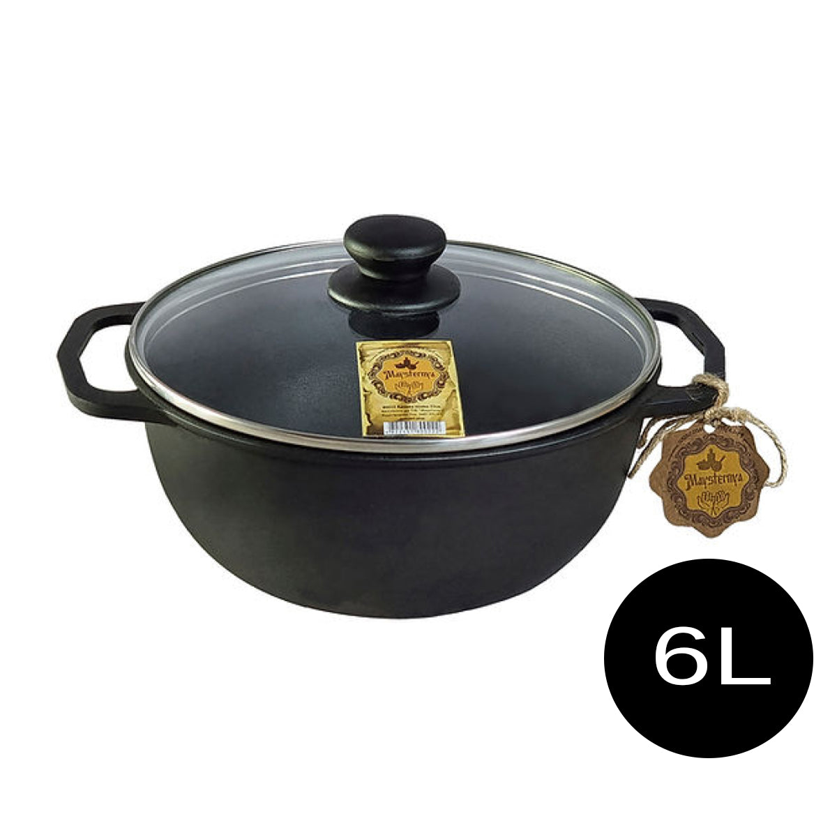 Żeliwny Kociołek 6 L Garnek ze Szklaną Pokrywką Czarny Matowy na Grilla