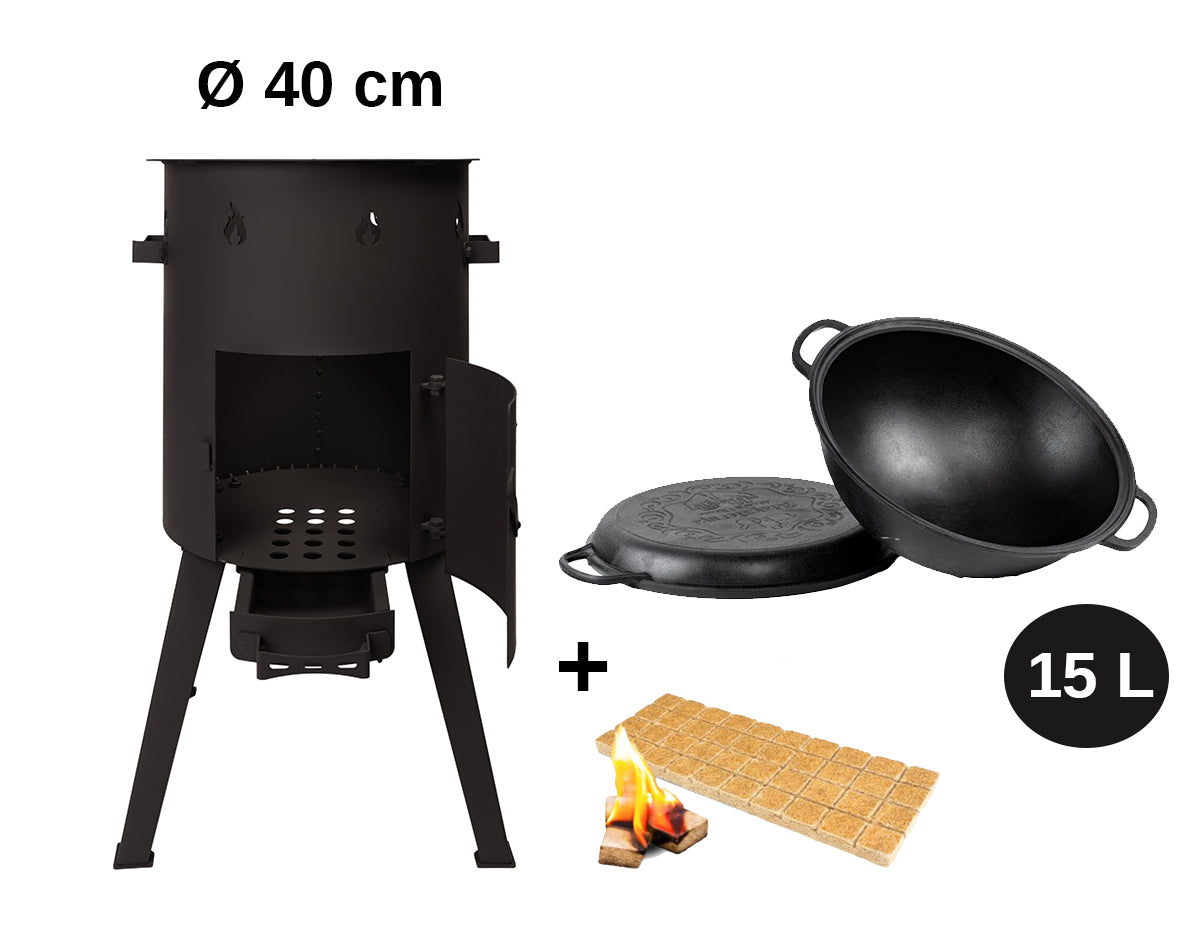 Piec pod kociołek + kociołek uzbecki 15 l z pokrywką–patelnią