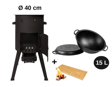 Piec pod kociołek + kociołek uzbecki 15 l z pokrywką–patelnią