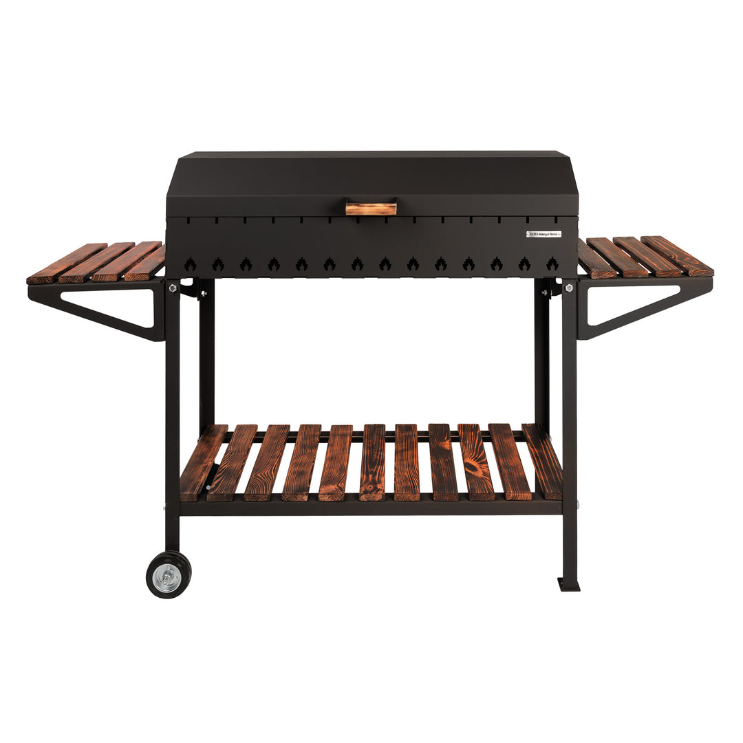 Stationary Charcoal Grill on Wheels with Lid for 12 Skewers - 5mm Steel