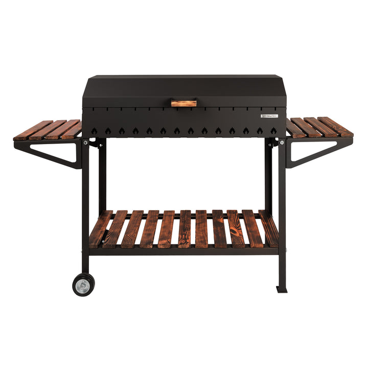 Stationary Charcoal Grill on Wheels with Lid for 12 Skewers - 5mm Steel