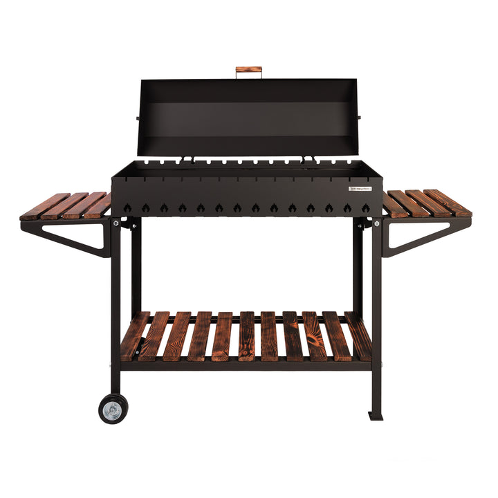 Stationary Charcoal Grill on Wheels with Lid for 12 Skewers - 5mm Steel