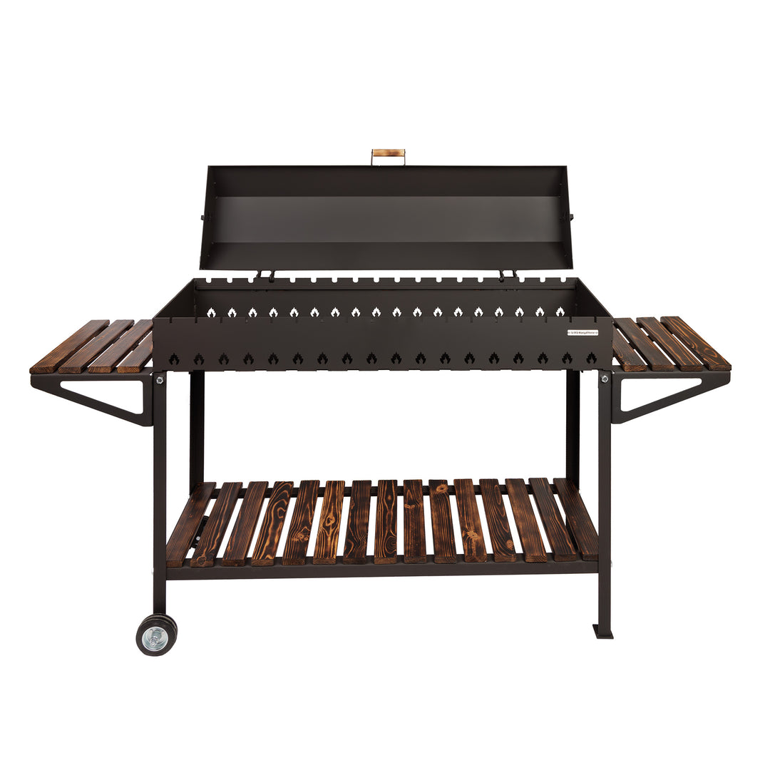 Stationärer Mangal auf Rädern für 18 Spieße mit Deckel – 5 mm Stahl!