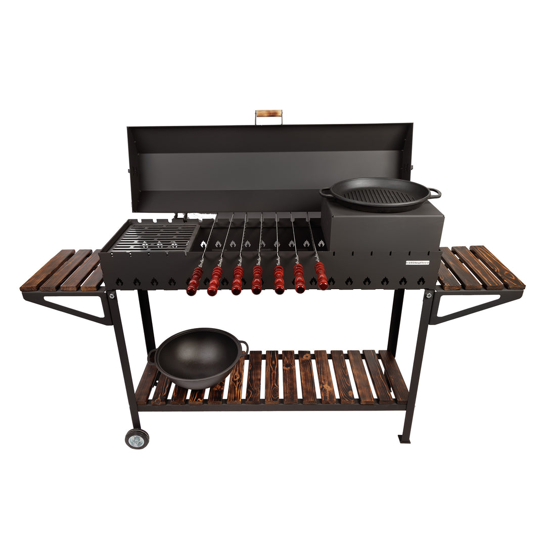 Stationärer Mangal auf Rädern für 18 Spieße mit Deckel – 5 mm Stahl!