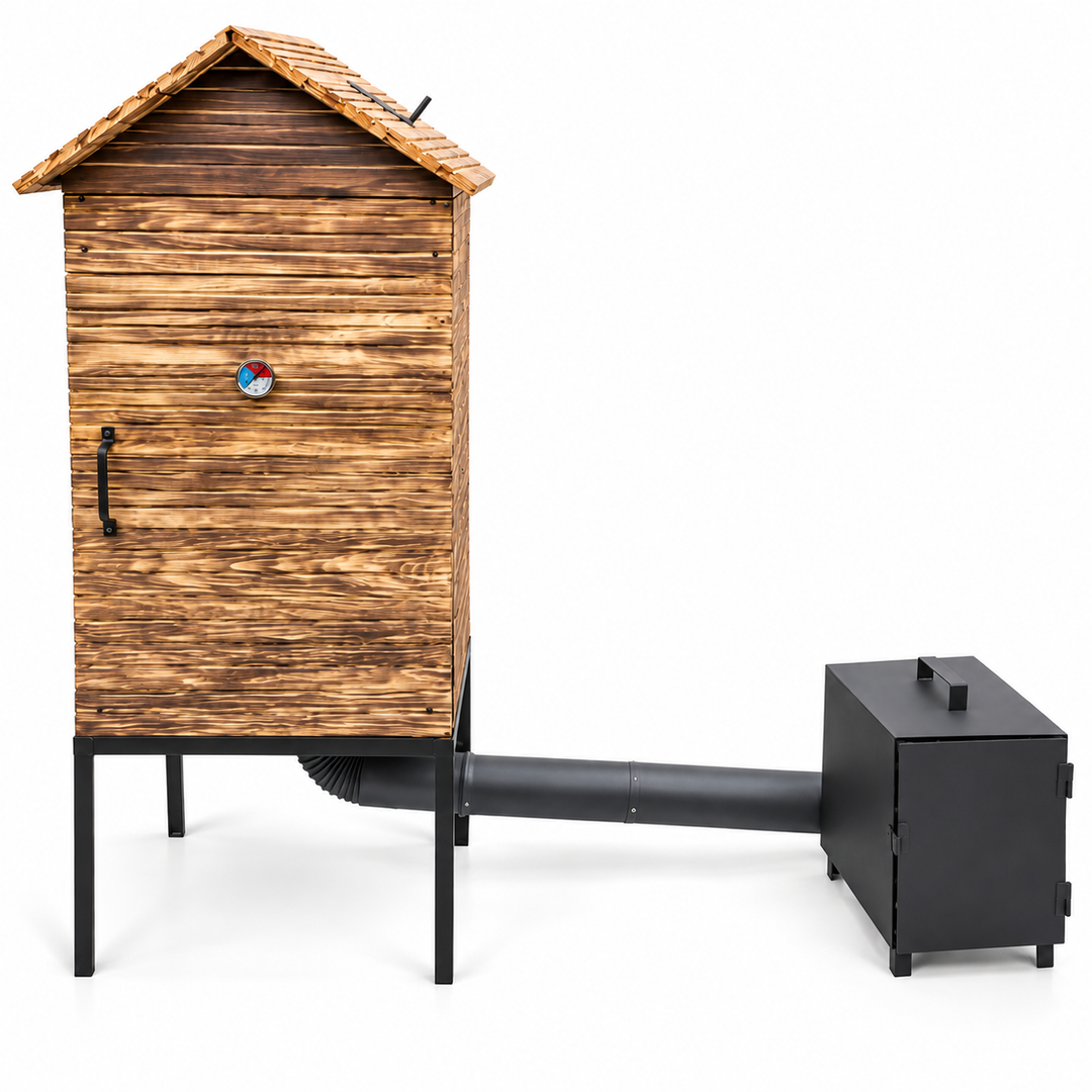 Kleiner Räucherofen aus Holz für den Garten mit Feuerkammer und Thermometer. L
