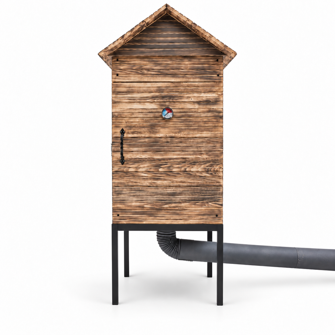Kleiner Räucherofen aus Holz für den Garten mit Feuerkammer und Thermometer. L