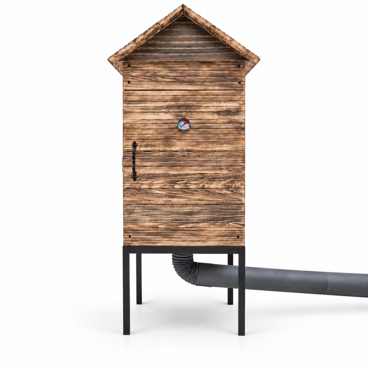 Kleiner Räucherofen aus Holz für den Garten mit Feuerkammer und Thermometer. L