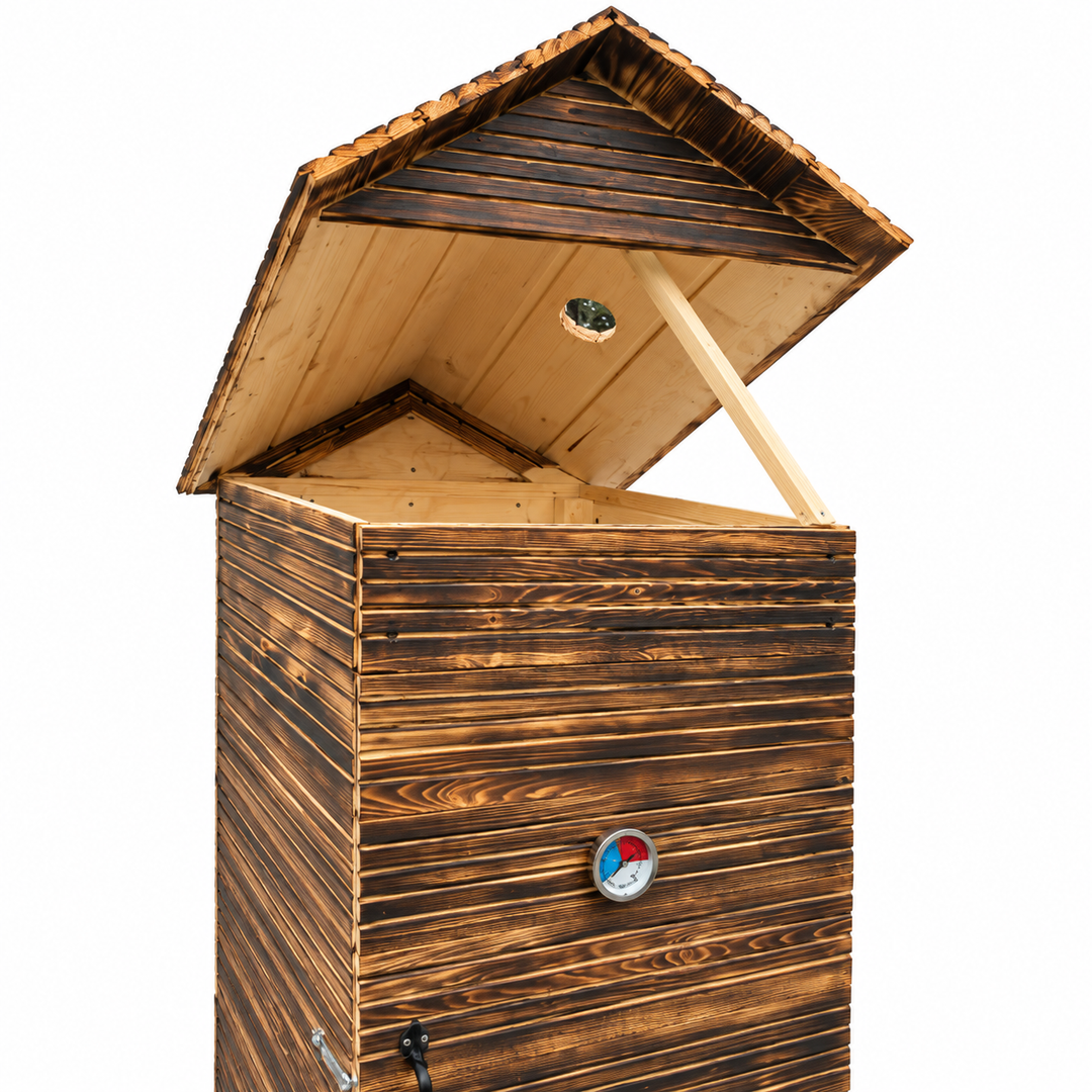 Kleiner Räucherofen aus Holz für den Garten mit Feuerkammer und Thermometer. L