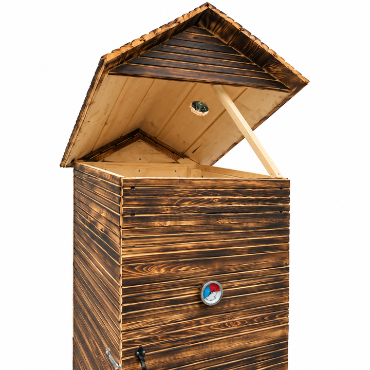 Kleiner Räucherofen aus Holz für den Garten mit Feuerkammer und Thermometer. L