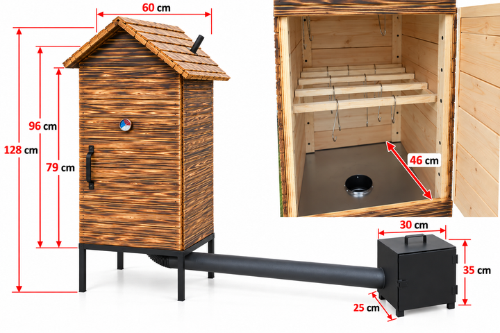 Kleiner Räucherofen aus Holz für den Garten mit Feuerkammer und Thermometer. L