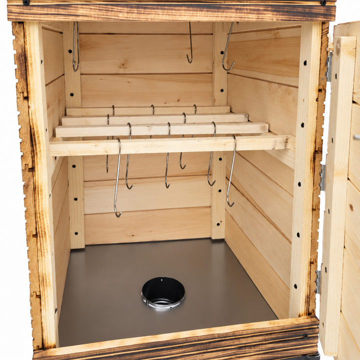 Kleiner Räucherofen aus Holz für den Garten mit Feuerkammer und Thermometer. L